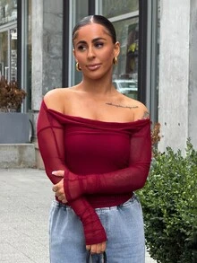 SAYEHFBABY Women's Elastic Mesh Sheer Off Shoulder Top, Spring/Summer Long Sleeve Women Tops Going Out Tops Women - Burgundy - View 6