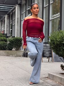 SAYEHFBABY Women's Elastic Mesh Sheer Off Shoulder Top, Spring/Summer Long Sleeve Women Tops Going Out Tops Women - Burgundy - View 3