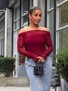 SAYEHFBABY Women's Elastic Mesh Sheer Off Shoulder Top, Spring/Summer Long Sleeve Women Tops Going Out Tops Women - Burgundy - View 1