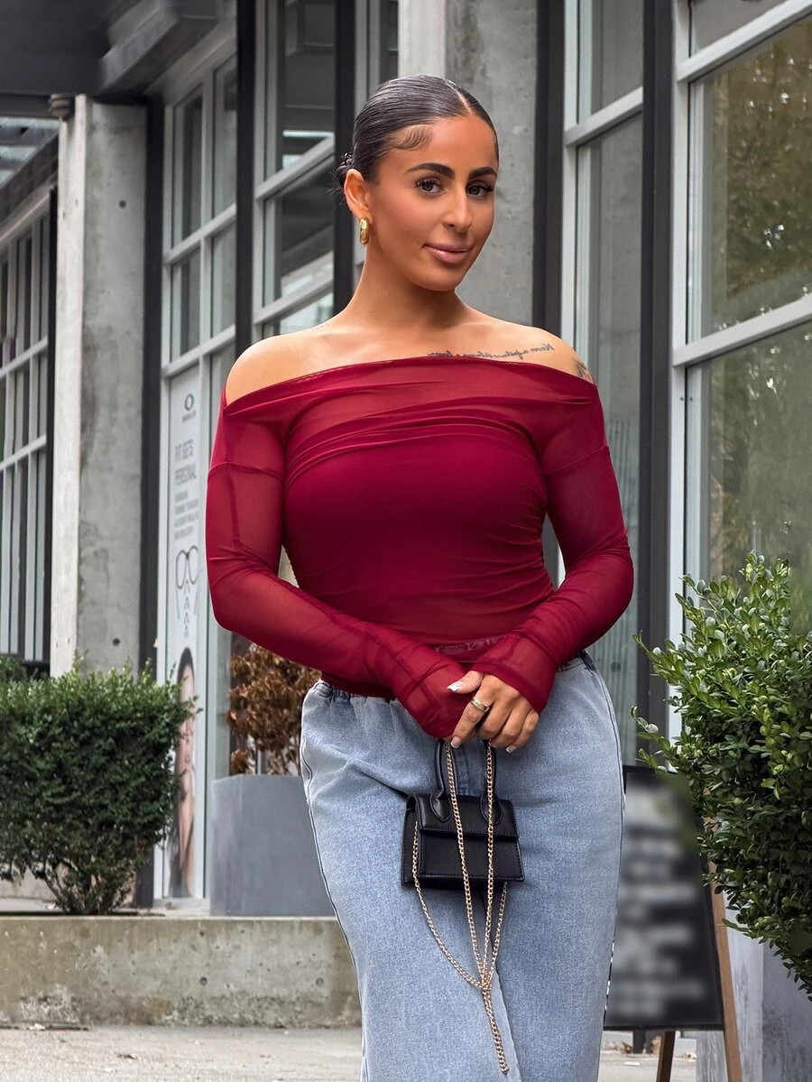 SAYEHFBABY Women's Elastic Mesh Sheer Off Shoulder Top, Spring/Summer Long Sleeve Women Tops Going Out Tops Women - Burgundy - View 1