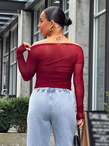 SAYEHFBABY Women's Elastic Mesh Sheer Off Shoulder Top, Spring/Summer Long Sleeve Women Tops Going Out Tops Women - Burgundy - View 2