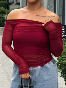 SAYEHFBABY Women's Elastic Mesh Sheer Off Shoulder Top, Spring/Summer Long Sleeve Women Tops Going Out Tops Women - Burgundy - View 5