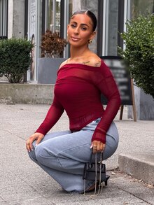 SAYEHFBABY Women's Elastic Mesh Sheer Off Shoulder Top, Spring/Summer Long Sleeve Women Tops Going Out Tops Women - Burgundy - View 4