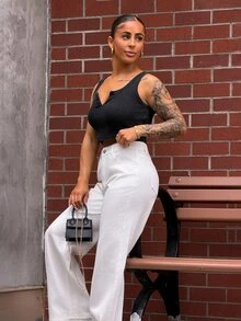 SAYEHFBABY 休閒百搭直筒白色牛仔褲，適合嬌小女性 - 白色 - 查看 5
