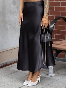 SAYEHFBABY 高腰優雅緞面裙，適合高個女性 - 黑色 - 查看 6