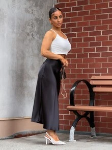 SAYEHFBABY 高腰優雅緞面裙，適合高個女性 - 黑色 - 查看 4
