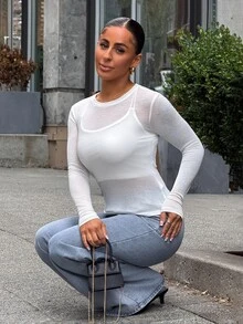 SAYEHFBABY 女款寬鬆修身長袖透視底層上衣 優雅內搭高階T恤 - 白色 - 查看 5