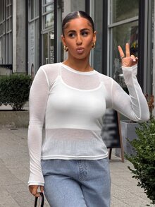 SAYEHFBABY 女款寬鬆修身長袖透視底層上衣 優雅內搭高階T恤 - 白色 - 查看 1