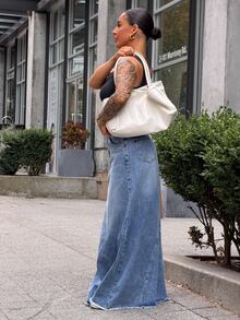 SAYEHFBABY High Waist Raw Hem Maxi Denim Skirt - Medium Wash - View 4