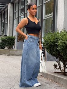 SAYEHFBABY High Waist Raw Hem Maxi Denim Skirt - Medium Wash - View 3