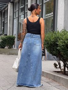 SAYEHFBABY High Waist Raw Hem Maxi Denim Skirt - Medium Wash - View 2