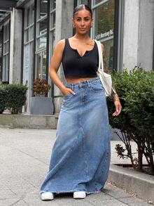 SAYEHFBABY High Waist Raw Hem Maxi Denim Skirt - Medium Wash - View 5