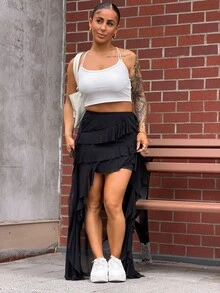 SAYEHFBABY 女款夏季演唱會街頭風度假波希米亞 Y2K 鄉村演唱會辣妹風蕾絲不對稱荷葉邊流蘇白色低腰長裙 - 黑色 - 查看 3