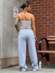 SAYEHFBABY 女款淺灰色休閒運動長褲，寬鬆前綁帶休閒運動褲，極簡街頭風，適合派對、機場、返校穿著 - 淺灰色 - 查看 2