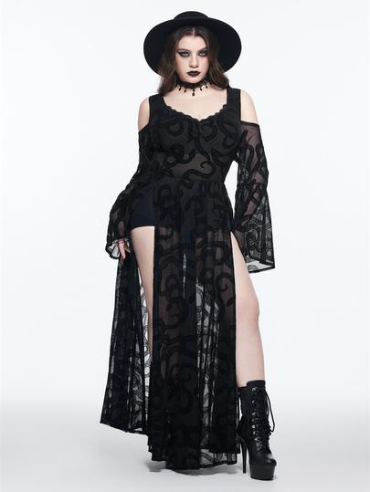 Gothic dunkles Schlangenmuster geflockter Stoff tief ausgeschnittenes V-Ausschnitt schulterfrei hoher Schlitz Glockenärmel Große Größen Damenkleid