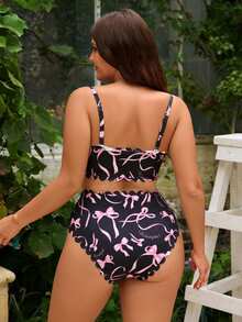 Swim Mod Conjunto de traje de baño de dos piezas con bandeau, estampado de lazo rosa y volantes lindos, nuevo para verano 2026, vacaciones en la playa, talla grande - Multicolor - Ver 2