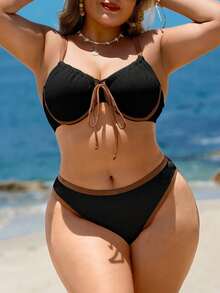Swim Lushoire Plus Size Women's Textured Colorblock Underwire Bikini Set, Sexy Beach Vacation - Multicolor - View 1