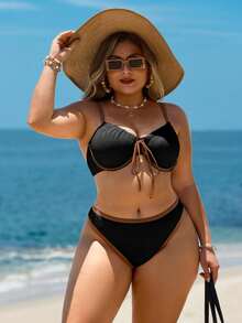 Swim Lushoire Plus Size Women's Textured Colorblock Underwire Bikini Set, Sexy Beach Vacation - Multicolor - View 2