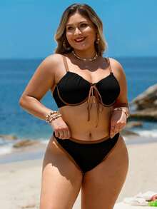 Swim Lushoire Plus Size Women's Textured Colorblock Underwire Bikini Set, Sexy Beach Vacation - Multicolor - View 4
