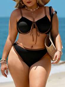 Swim Lushoire Plus Size Women's Textured Colorblock Underwire Bikini Set, Sexy Beach Vacation - Multicolor - View 3