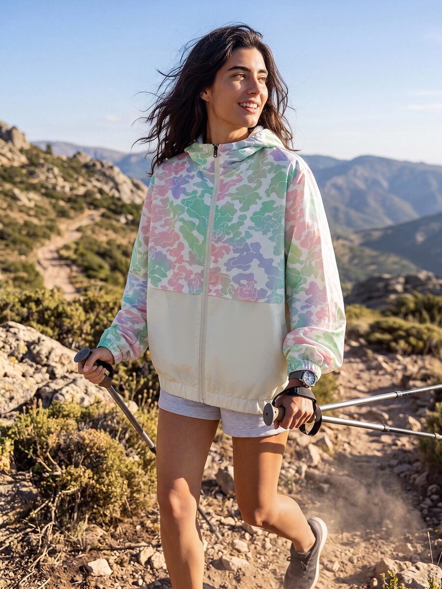 Exploreva Jaket Hoodie Wanita untuk Outdoor dengan Motif Full Print, Resleting Depan, Kasual Serbaguna untuk Harian dan Traveling - Putih - View 1