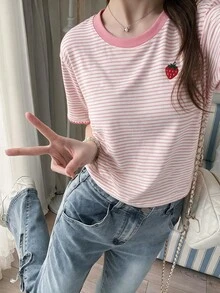 Resyla Pink And White Striped Digital Print, Strawberry Embroidery Casual Cute Round Neck T-Shirt, A Gift For Friends Brunch School Summer - Multicolor - View 5