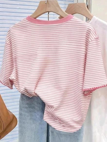 Resyla Pink And White Striped Digital Print, Strawberry Embroidery Casual Cute Round Neck T-Shirt, A Gift For Friends Brunch School Summer - Multicolor - View 2