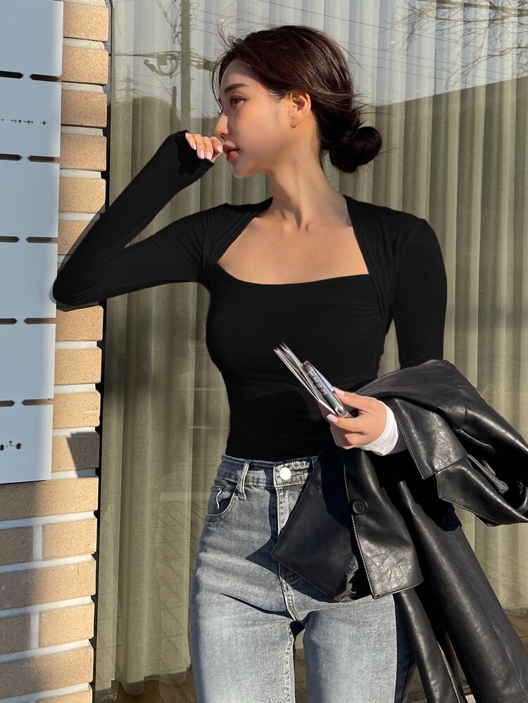 DAZY 1件女款純色長袖休閒修身立領毛衣外出上衣 - 黑色 - 查看 2