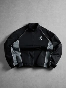 Manfinity Hypemode 男士拼色立領拉鍊夾克，字母印花設計，白色滾邊拼色夾克，插肩袖長袖外套，秋季街頭風，都市休閒夾克，適合日常穿著、外出、運動休閒、學校、派對、音樂節、休閒場合，可作為禮物送給朋友、男友 - 黑色 - 查看 3