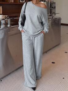 Muchica Plus-Size Grey Asymmetrical Cold Shoulder Sweatshirt And Matching Bottoms; A Casual Baggy, Sporty Set Suitable For Autumn And Winter. Formal Lounge - Grey - View 5