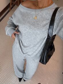 Muchica Plus-Size Grey Asymmetrical Cold Shoulder Sweatshirt And Matching Bottoms; A Casual Baggy, Sporty Set Suitable For Autumn And Winter. Formal Lounge - Grey - View 4