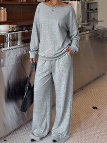 Muchica Plus-Size Grey Asymmetrical Cold Shoulder Sweatshirt And Matching Bottoms; A Casual Baggy, Sporty Set Suitable For Autumn And Winter. Formal Lounge - Grey - View 6