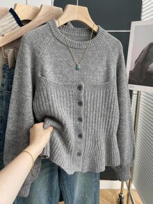 FRIFUL Solid Color Round Neck Raglan Long Sleeve Single-Breasted Casual Elegant Sweater For Middle-Aged And Elderly Women Autumn Office Formal Grey - Dark Grey - View 7