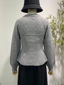FRIFUL Solid Color Round Neck Raglan Long Sleeve Single-Breasted Casual Elegant Sweater For Middle-Aged And Elderly Women Autumn Office Formal Grey - Dark Grey - View 4