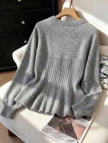 FRIFUL Solid Color Round Neck Raglan Long Sleeve Single-Breasted Casual Elegant Sweater For Middle-Aged And Elderly Women Autumn Office Formal Grey - Dark Grey - View 2