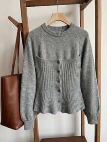 FRIFUL Solid Color Round Neck Raglan Long Sleeve Single-Breasted Casual Elegant Sweater For Middle-Aged And Elderly Women Autumn Office Formal Grey - Dark Grey - View 6