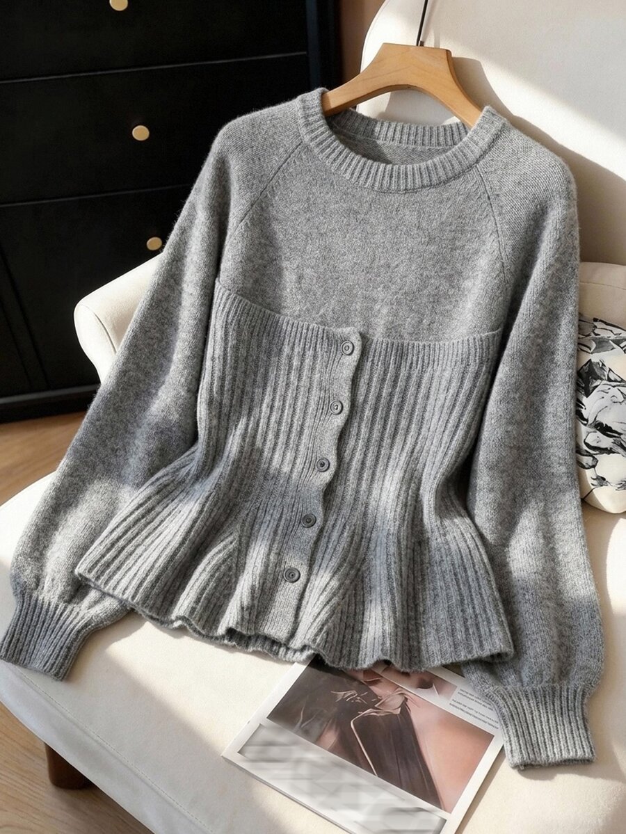 FRIFUL Solid Color Round Neck Raglan Long Sleeve Single-Breasted Casual Elegant Sweater For Middle-Aged And Elderly Women Autumn Office Formal Grey - Dark Grey - View 1