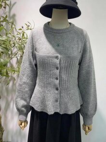 FRIFUL Solid Color Round Neck Raglan Long Sleeve Single-Breasted Casual Elegant Sweater For Middle-Aged And Elderly Women Autumn Office Formal Grey - Dark Grey - View 3