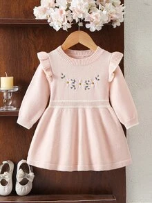 SHEIN Genkimix Kids 女嬰幼兒針織毛衣洋裝，粉色圓領套頭式長袖毛衣裙，荷葉邊下擺，舒適適合秋冬，刺繡重工精緻優雅百搭淑女風，適合日常穿著、外出與旅行 - 粉色 - 查看 5