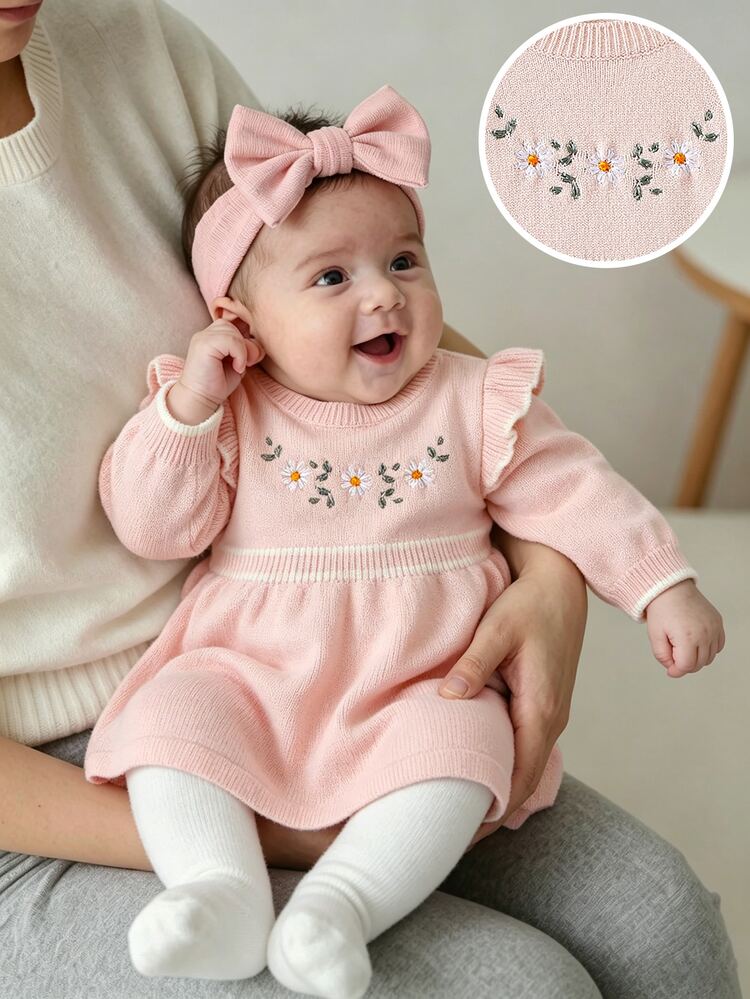 SHEIN Genkimix Kids Baby Girls Sweater Dresses, Infant Toddler Pullover Round Neck Ruffle Hem Pink Knitted Long Sleeve Sweater Dress, Comfortable For Autumn/Winter, Embroidered Heavy Work Exquisite Elegant Versatile Fashionable Lady Style, Suitable For Daily Wear, Outings, Travel - Pink - View 11