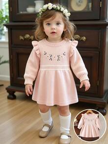 SHEIN Genkimix Kids 女嬰幼兒針織毛衣洋裝，粉色圓領套頭式長袖毛衣裙，荷葉邊下擺，舒適適合秋冬，刺繡重工精緻優雅百搭淑女風，適合日常穿著、外出與旅行 - 粉色 - 查看 3