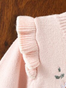 SHEIN Genkimix Kids 女嬰幼兒針織毛衣洋裝，粉色圓領套頭式長袖毛衣裙，荷葉邊下擺，舒適適合秋冬，刺繡重工精緻優雅百搭淑女風，適合日常穿著、外出與旅行 - 粉色 - 查看 10