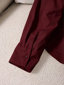 SHEIN Teen Girls Solid White Collared Long Sleeve Shirt, Front Placket Ruched, Waist-Cinched Slim Fit, Curved Hem Single-Breasted Blouse, Casual Commute School Style Spring Summer Versatile Formal Top - Burgundy - View 6