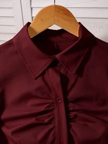SHEIN Teen Girls Solid White Collared Long Sleeve Shirt, Front Placket Ruched, Waist-Cinched Slim Fit, Curved Hem Single-Breasted Blouse, Casual Commute School Style Spring Summer Versatile Formal Top - Burgundy - View 4
