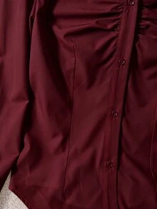 SHEIN Teen Girls Solid White Collared Long Sleeve Shirt, Front Placket Ruched, Waist-Cinched Slim Fit, Curved Hem Single-Breasted Blouse, Casual Commute School Style Spring Summer Versatile Formal Top - Burgundy - View 3