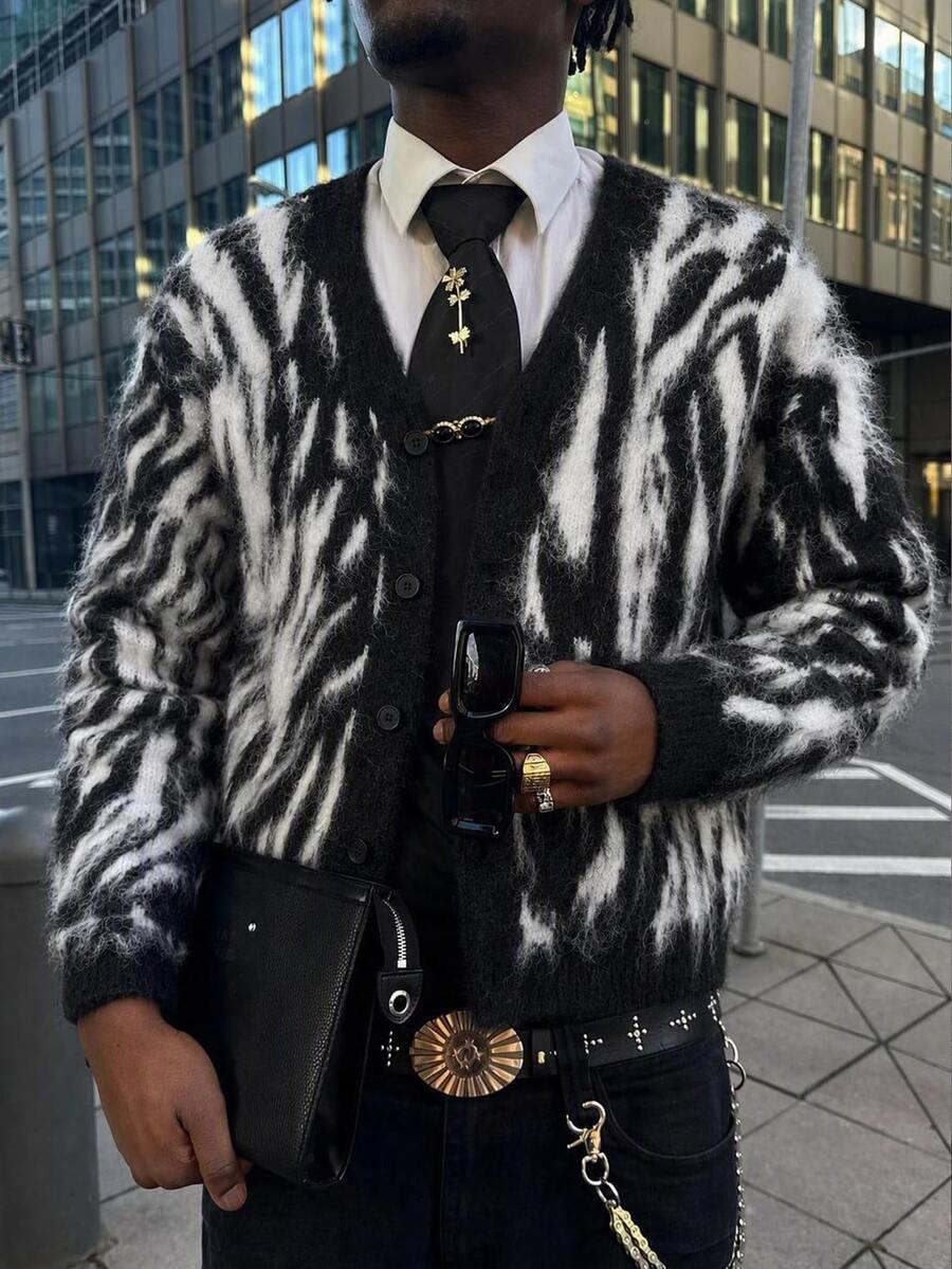 NEON BLANC Men's Fashion Casual Zebra Print Long Sleeve Cardigan Halloween Winter Party Autumn - Black and White - View 1