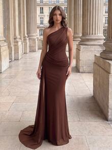 Modelyn Gaun Malam Formal Wanita untuk Pernikahan, Thanksgiving, Gala Dinner, Pengantin, Cokelat, Musim Dingin, Ratu. - Coklat - View 4