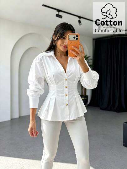 Rafferiza Camisa feminina elegante de outono/inverno para deslocações diárias, branca lisa, manga comprida, cintura plissada, com botões na frente