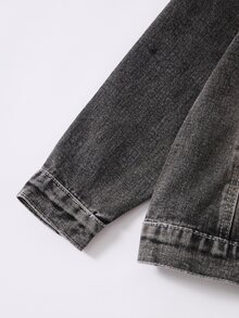 Girls Black & Grey Washed Denim Set Autumn Vintage Lapel Pearl Studded Bow Short Jacket Elastic Waist Wide Leg Jeans Two Pieces Outfit - Dark Grey - View 5