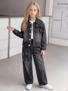 Girls Black & Grey Washed Denim Set Autumn Vintage Lapel Pearl Studded Bow Short Jacket Elastic Waist Wide Leg Jeans Two Pieces Outfit - Dark Grey - View 3